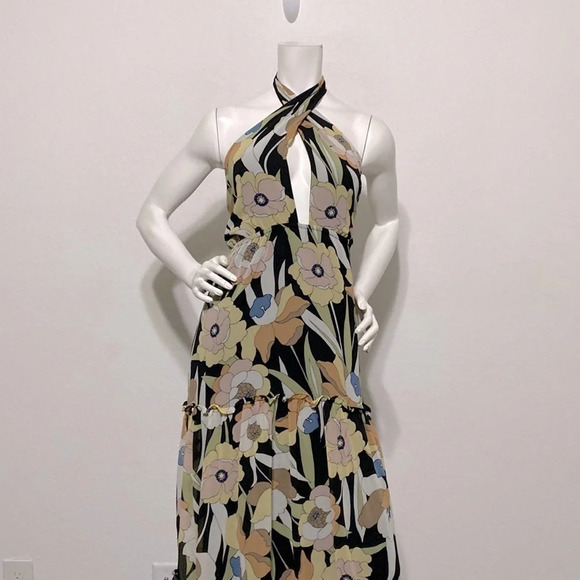 Lulu's Black Bohemian Floral Print Halter Coastal Tiered Maxi Dress Size L - Picture 5 of 9